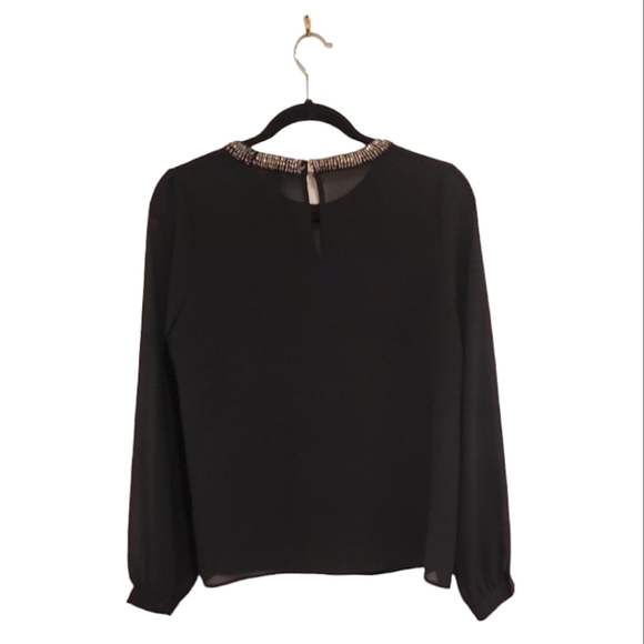 Forever 21 Embellished Rhinestone Neckline Black Sheer Long Sleeve Blouse Top - Picture 6 of 8